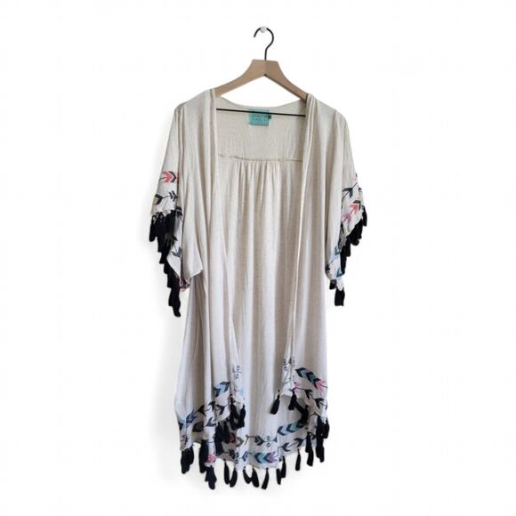 Judith March Sweaters - Judith March Embroidered Boho Tassel Cardigan Size Small Cream Linen Blend